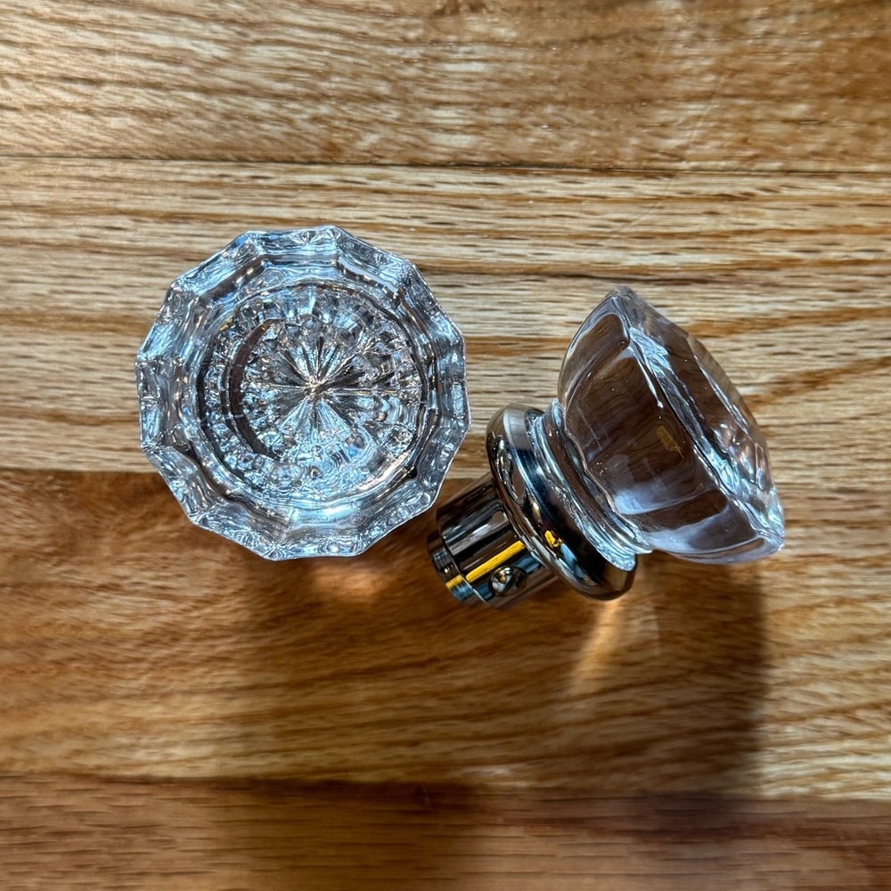 Rejuvenation Fluted Glass Door Knob Pair with Polished Nickel Base